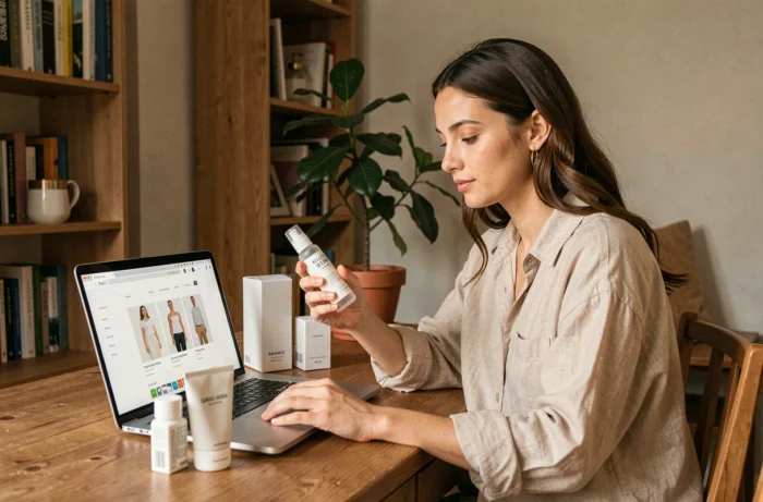 Jeune femme achetant des produits Typology en ligne sur son ordinateur portable depuis son appartement