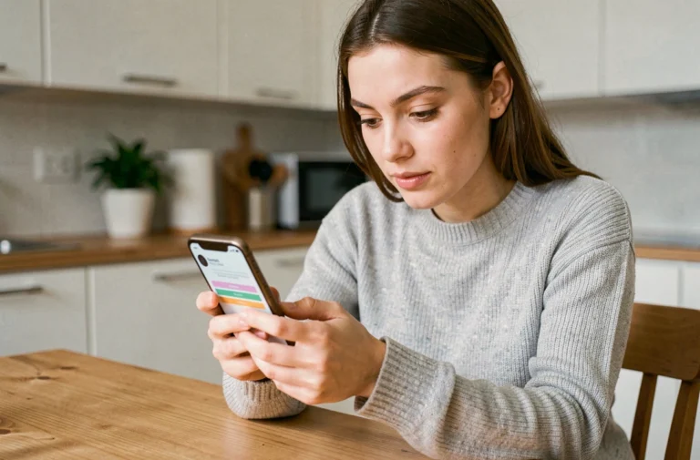 Jeune femme activant son compte MyPeopleDoc sur smartphone depuis sa cuisine