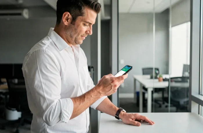 Homme en chemise activant son espace personnel MyPeopleDoc sur mobile au bureau