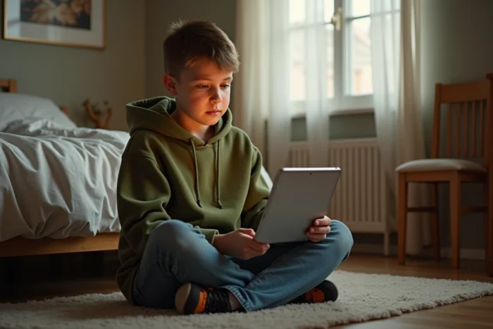 Adolescent participant à une séance d'orthophonie en ligne sur tablette depuis sa chambre, dans un cadre décontracté et authentique