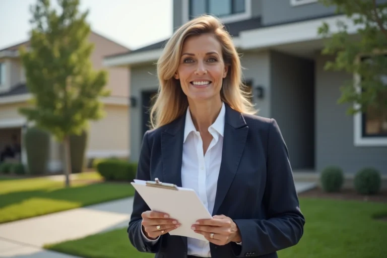 Agent immobilière professionnelle devant une maison moderne à vendre dans un quartier résidentiel