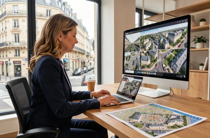 Agent immobilière parisienne analysant des photographies aériennes de biens pour une présentation client