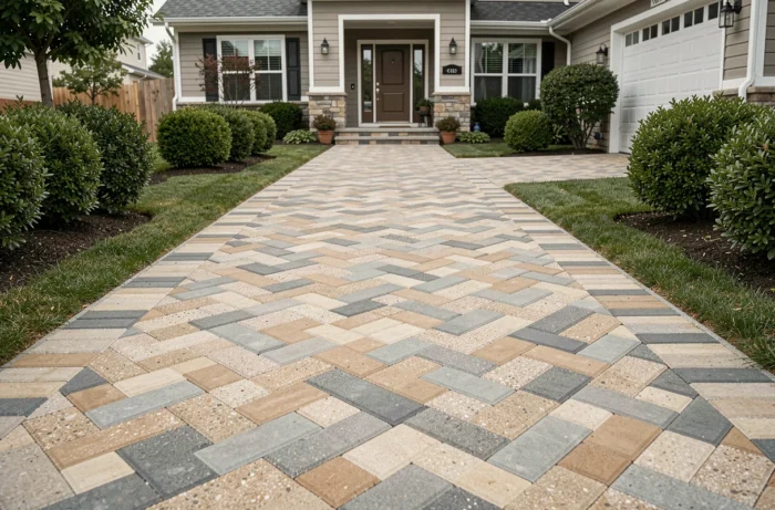 Allée en pavés béton posés en chevron devant une maison moderne avec jardin soigné