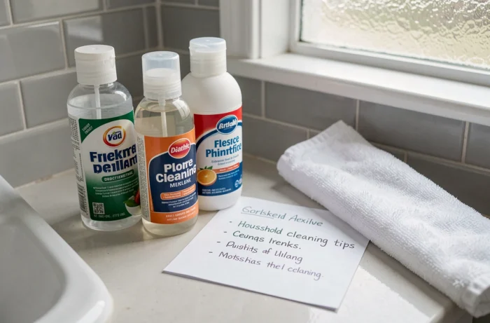 Produits ménagers alternatifs au Domestos posés sur un lavabo de salle de bain avec des astuces ménagères notées à la main