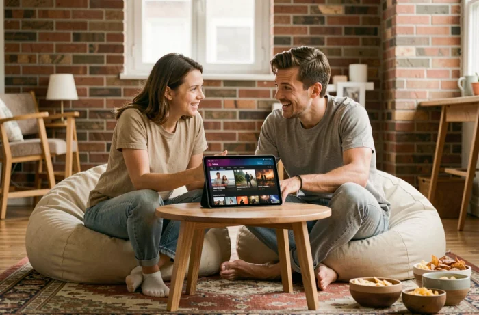Deux amis choisissant ensemble une série en VF sur une tablette dans un salon décontracté