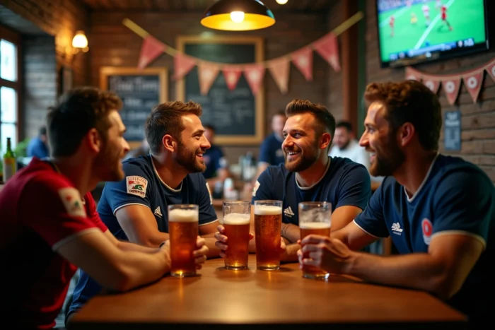 Groupe d'amis supporters regardant un match du Top 14 de rugby dans un bar sportif