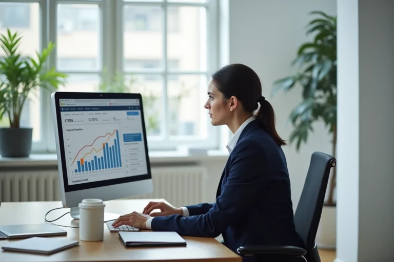 Professionnelle en marketing digital analysant des données de mots clés SEO sur un écran d'ordinateur dans un bureau moderne