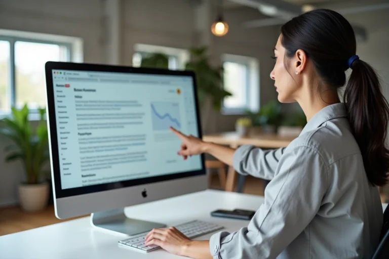 Développeuse web analysant la structure de navigation d'un site internet sur un grand écran de bureau