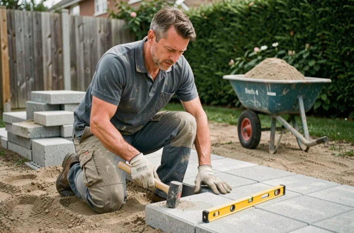 Artisan posant des pavés béton sur un lit de sable dans une allée de jardin résidentiel