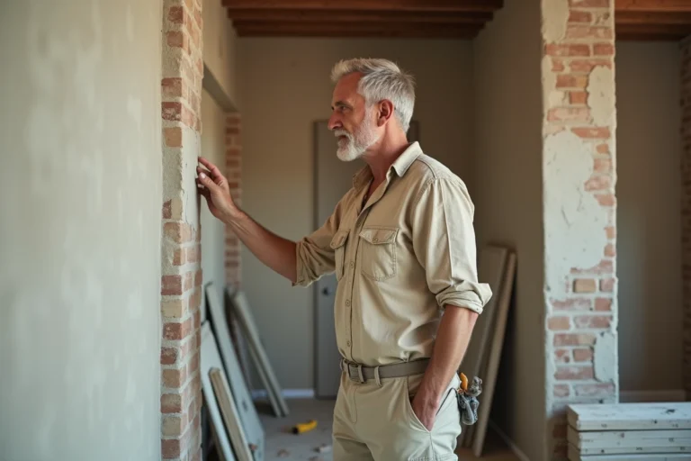Artisan professionnel inspectant un mur en cours de rénovation intérieure, travaux de plâtrerie et matériaux de construction visibles en arrière-plan