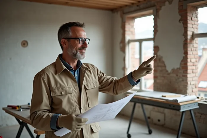 Artisan qualifié tenant des plans architecturaux dans un appartement en cours de rénovation à Lyon avec murs en pierre apparente
