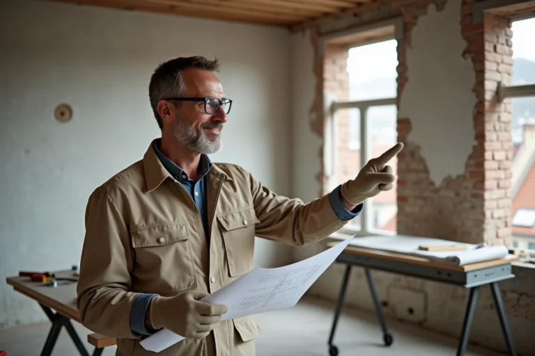 Artisan qualifié tenant des plans architecturaux dans un appartement en cours de rénovation à Lyon avec murs en pierre apparente