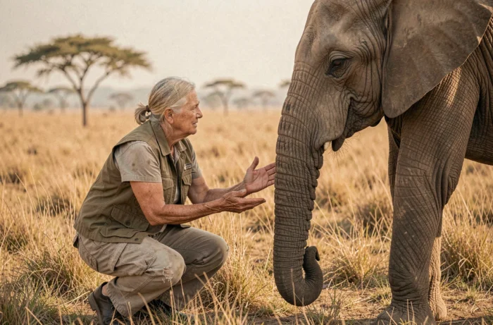 Biologiste face à un éléphant d'Afrique dans la savane, interaction homme-animal authentique en photographie documentaire