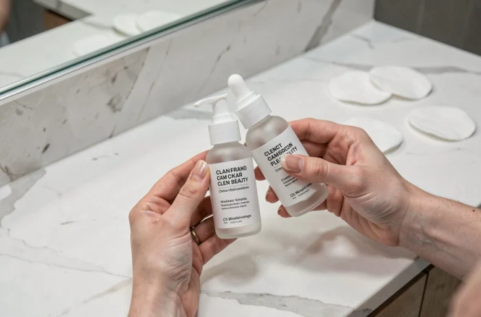 Bouteilles de soins minimalistes de la marque Typology posées sur un plan en marbre blanc, symbolisant l'univers de la marque