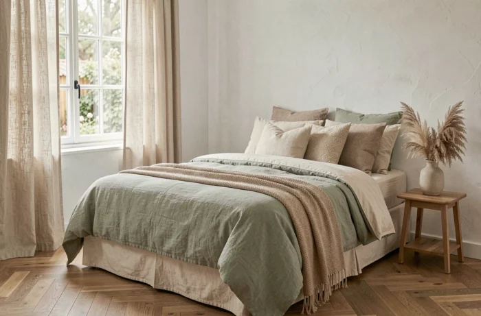 Chambre douce et apaisante décorée en tons neutres avec linge de lit en lin vert sauge et ivoire, table de chevet en bois et vase en céramique avec herbes de pampa séchées
