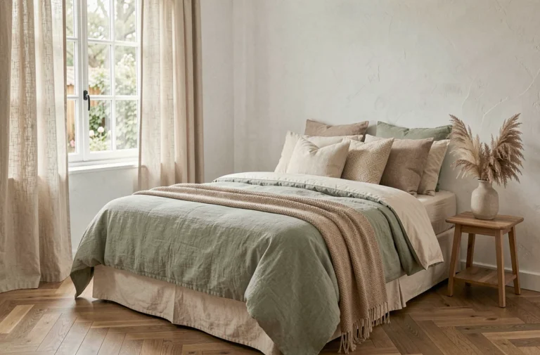 Chambre douce et apaisante décorée en tons neutres avec linge de lit en lin vert sauge et ivoire, table de chevet en bois et vase en céramique avec herbes de pampa séchées