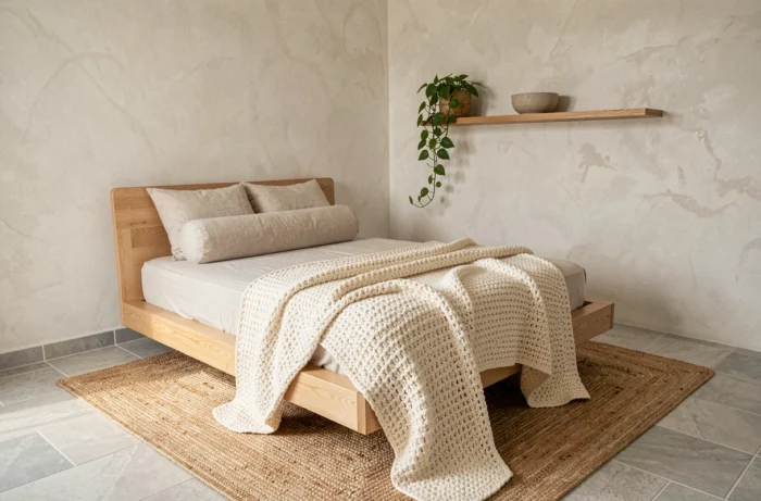Chambre de style Japandi minimaliste avec lit plateforme en bois de frêne, jeté en maille ivoire, mur en chaux blanc chaud et tapis en jute naturel pour une ambiance apaisante