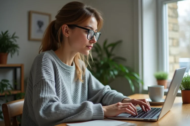 Femme changeant son adresse de livraison Zalando sur un ordinateur portable depuis son bureau à domicile