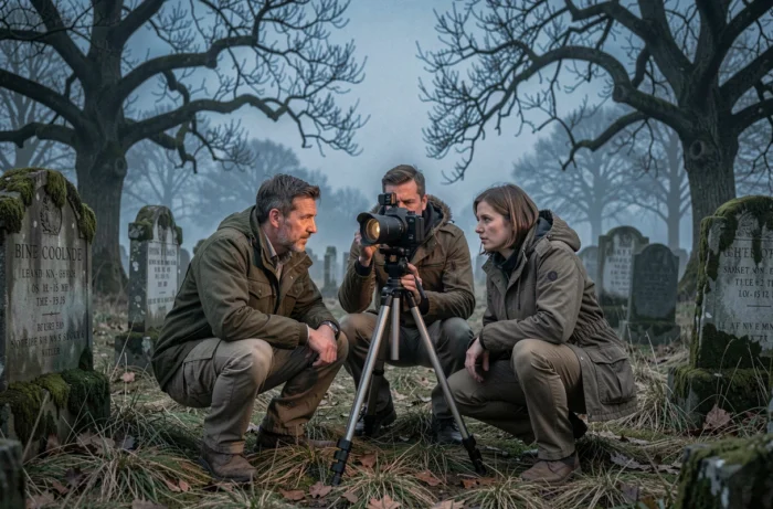 Groupe de chasseurs de fantômes utilisant une caméra thermique dans un cimetière abandonné au crépuscule