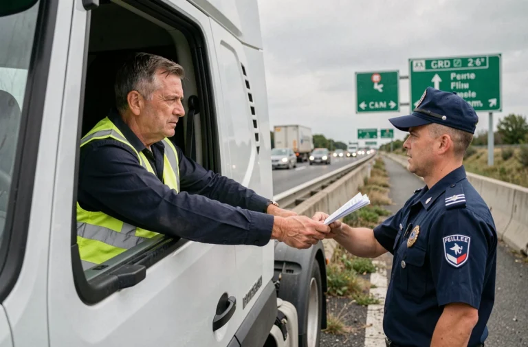 Chauffeur de poids lourd contrôlé par la police sur l'autoroute française sans carte CQC