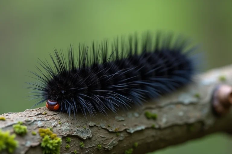 Chenille noire poilue vue de près sur une branche d'arbre en forêt, détail des soies et segments