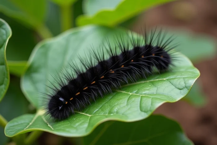 Chenille noire poilue posée sur une feuille verte avec détail des soies, vue en jardin naturel