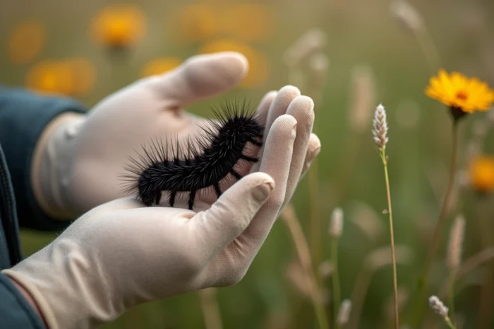 Main gantée tenant une chenille noire poilue pour identification, détail des soies et texture des gants de naturaliste