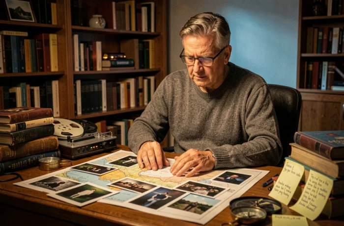 Chercheur en phénomènes paranormaux analysant des photographies et des documents dans un bureau encombré d'archives
