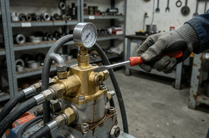 Gros plan sur le réglage d'un clapet de surpression hydraulique d'une mini excavatrice en atelier