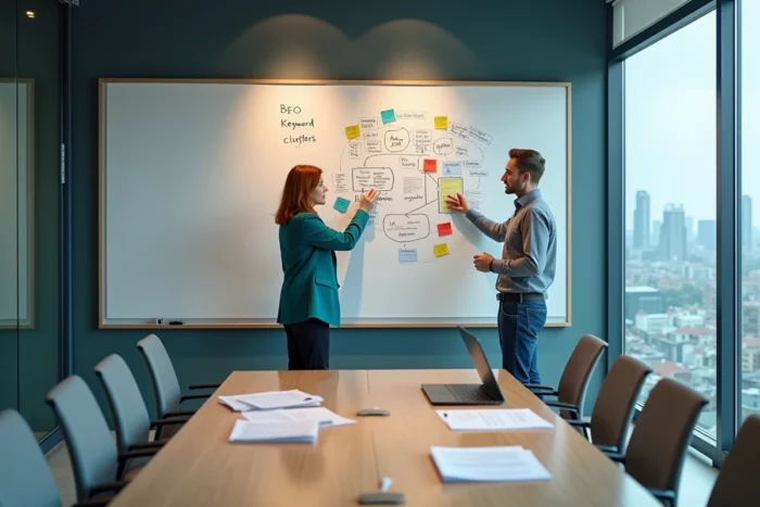 Deux professionnels SEO collaborant sur une analyse de mots clés autour d'un tableau blanc dans une salle de réunion