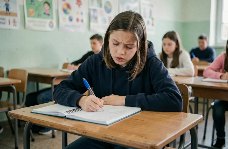 Collégienne en train de passer un contrôle continu noté au brevet dans une salle de classe
