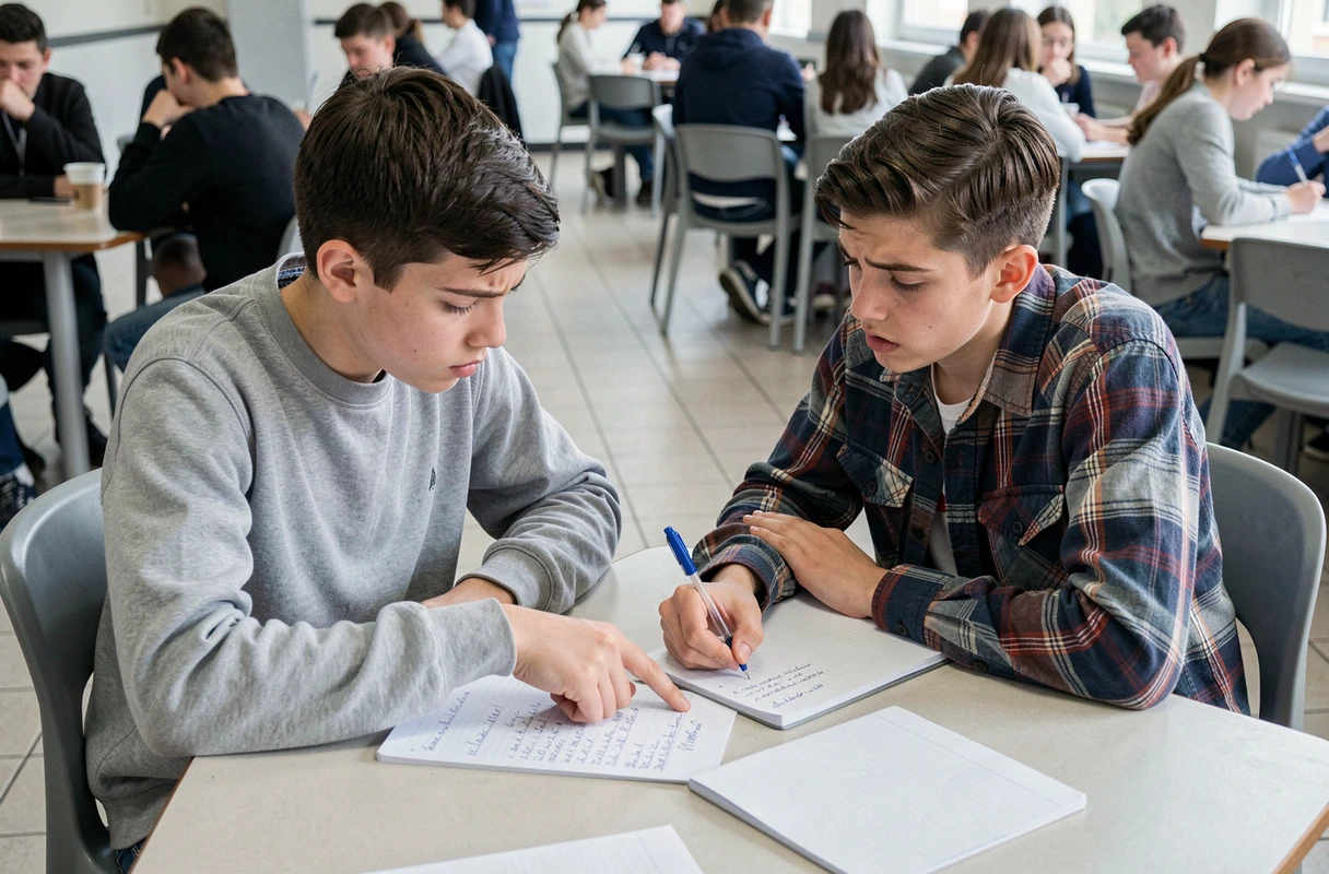 Deux collégiens révisant leurs notes ensemble avant un contrôle noté comptant pour le brevet