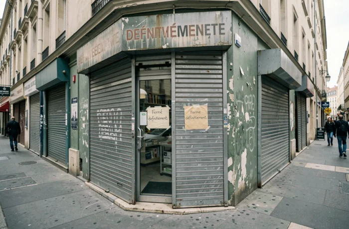 Devanture de commerce fermée définitivement avec volets baissés et affichette de fermeture sur la porte