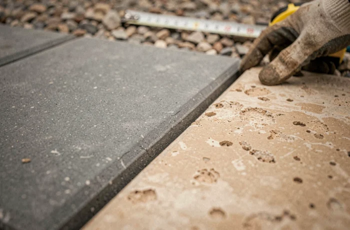 Comparaison de deux types de pavés béton texturés sur une allée, main gantée évaluant la qualité