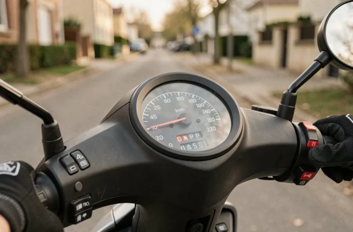 Tableau de bord et compteur de vitesse d'un scooter 50cc indiquant la vitesse maximale réglementaire en France