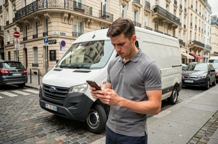 Conducteur de camionnette consultant une notification administrative sur son téléphone en rue parisienne