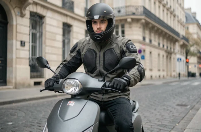 Jeune conducteur sur un scooter 50cc homologué en milieu urbain français, portant équipements de protection obligatoires