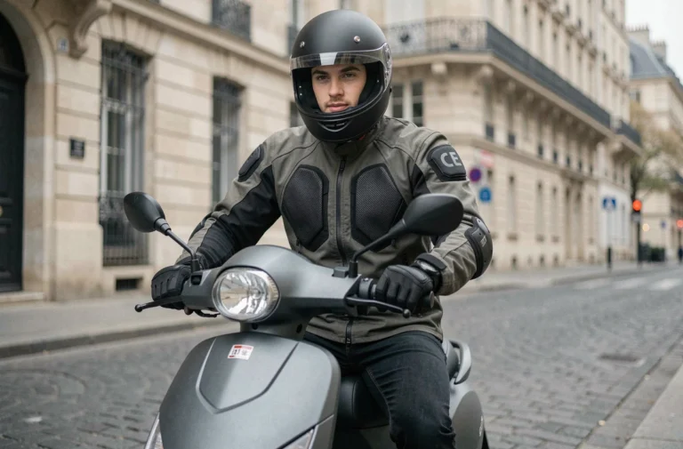 Jeune conducteur sur un scooter 50cc homologué en milieu urbain français, portant équipements de protection obligatoires