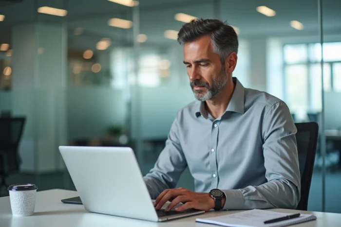 Comptable vérifiant la conformité d'un logiciel de caisse certifié NF525 sur son ordinateur portable