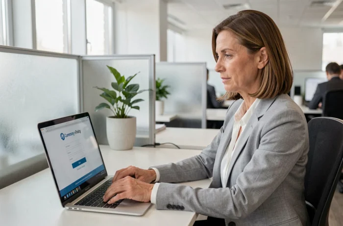 Femme professionnelle se connectant à un portail RH en ligne sur un ordinateur portable dans un bureau moderne