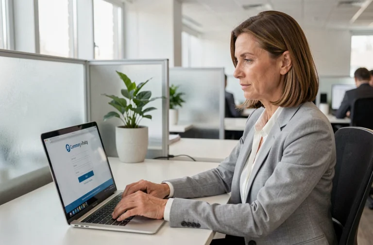 Femme professionnelle se connectant à un portail RH en ligne sur un ordinateur portable dans un bureau moderne