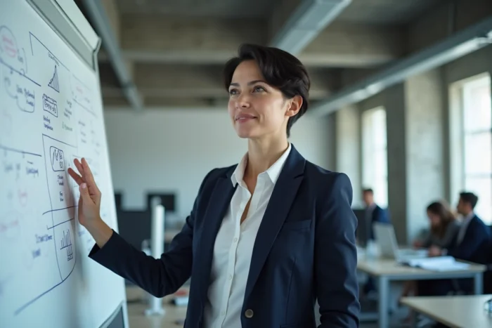 Conseillère d'un cabinet conseil spécialisé en banque présentant une stratégie financière sur tableau blanc dans un bureau professionnel