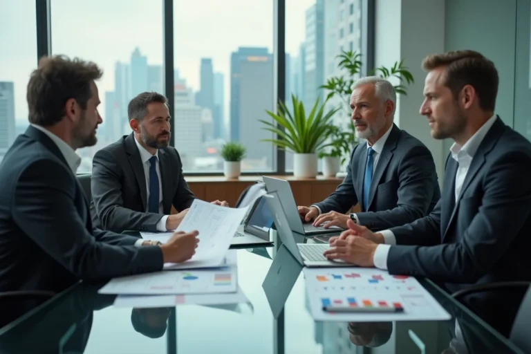 Consultant en cabinet conseil banque analysant des documents stratégiques avec des dirigeants d'établissement financier en salle de réunion