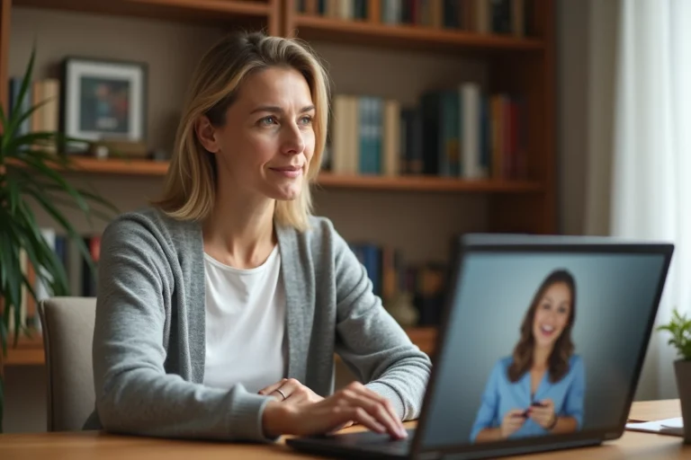 Femme adulte en consultation d'orthophonie en ligne depuis son bureau à domicile, engagée dans un exercice de parole via appel vidéo