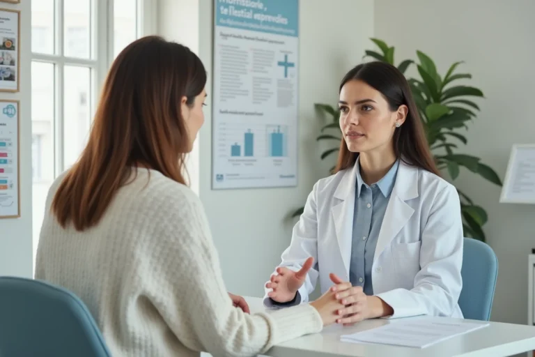 Consultation au planning familial entre une professionnelle de santé et une jeune femme dans un cabinet médical à Pontivy