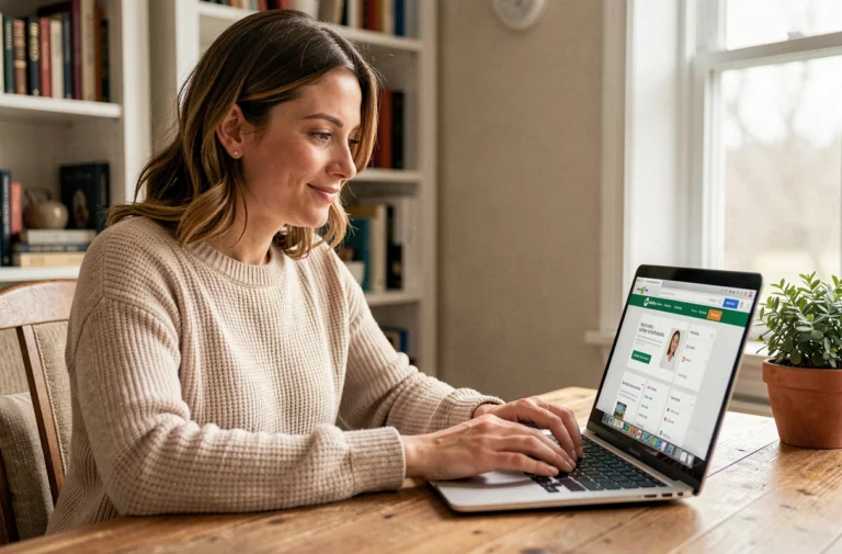 Femme contactant le service client de Shopping Boulevard via son ordinateur portable depuis son bureau à domicile