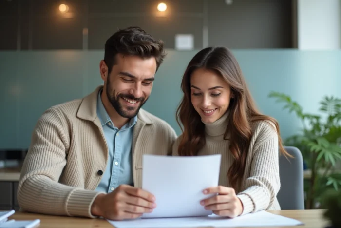 Jeune couple consultant un conseiller bancaire pour obtenir une offre de crédit rapide et sans refus