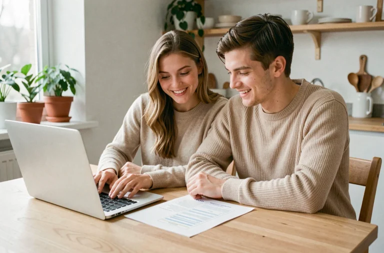 Jeune couple créant leur liste de naissance ensemble sur un ordinateur portable à une table en bois dans un appartement moderne