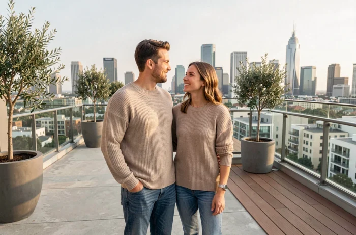 Couple de jeunes investisseurs sur une terrasse d'immeuble neuf avec vue panoramique sur la ville