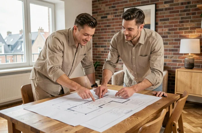 Couple étudiant des plans architecturaux pour un projet immobilier en Belgique